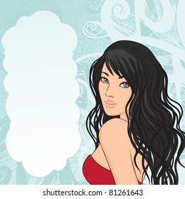 Illustration of a young attractive woman looking over the shoulder  with blank thought bubbles on blue patterned background. Ready for your own words.