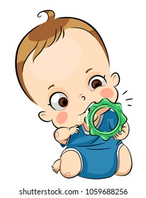 Illustration eines jungen Babyboys, der ein Eis-Teething-Spielzeug kaut