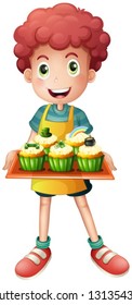 Illustration of a young baker holding a tray with cupcakes on a white background