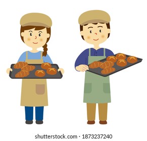 Illustration of a young bakery man and woman. White background vector data.