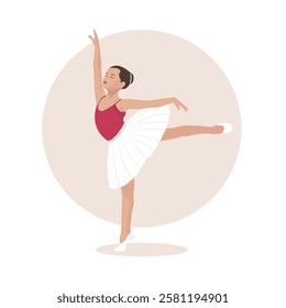 Illustration of a young ballerina performing an elegant ballet pose. She is wearing a red leotard and a white tutu, demonstrating poise and balance. Perfect for themes related to dance, performance, o