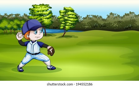 Illustration eines jungen Baseballspielers auf dem Feld nahe dem Fluss
