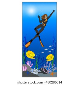  illustration of a young beautiful diver-girl and underwater landscape