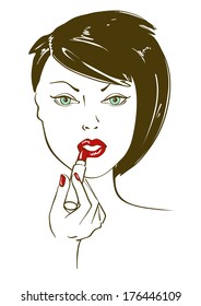 Illustration with young beautiful face of woman applying lipstick