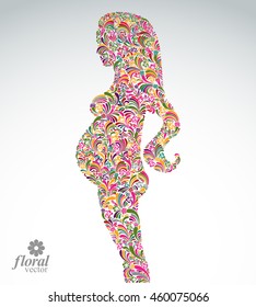 Illustration of a young beautiful pregnant woman. Flower-patterned vector image of a female heavy with child. Stylized picture of an attractive lady.