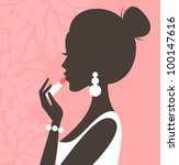 Illustration of a young beautiful woman applying lipstick.
