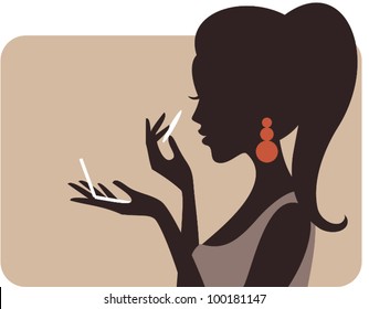 Illustration of a young beautiful woman applying compact powder on her face.