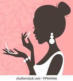 Illustration of a young beautiful woman applying compact powder on her face.