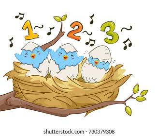 Illustration of Young Birds in a Nest Singing, Counting One, Two, Three