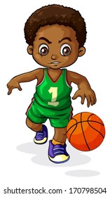 Illustration Of A Young Black Boy Playing Basketball On A White Background