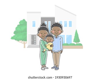 Illustration of a young black family who bought their own home.