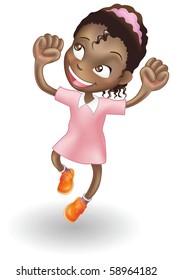 An illustration of a young black girl jumping for joy