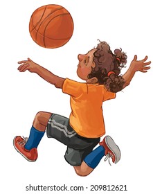 Illustration Of A Young Black Girl Playing Basketball On A White Background. Children Illustration For School Books, Magazines, Advertising And More. Separate Objects. VECTOR