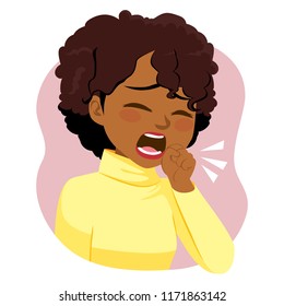 Illustration Of Young Black Ill Woman Coughing With Fist In Front Of Mouth