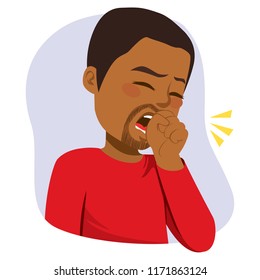 Illustration Of Young Black Man Coughing With Fist In Front Of Mouth