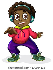 Illustration of a young Black man listening to the music on a white background
