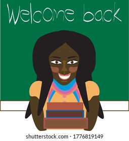 Illustration of a young black teacher in the classroom holding some books. Behind her there is a blackboard with the words welcome back.