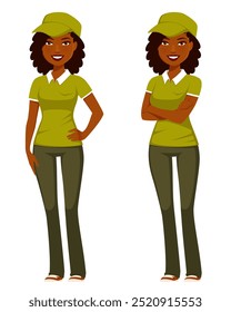 ilustração de uma jovem negra vestindo um mensageiro verde ou um uniforme de fast food e um boné, sorrindo e de pé com os braços cruzados. Amigável funcionário de atendimento ao cliente ou assistente de compras.