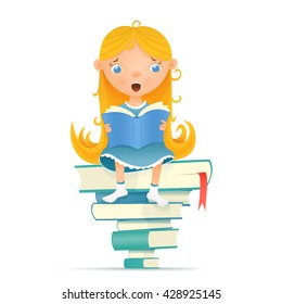Illustration with young blonde girl sitting on pile of books while reading. Vector illustration
