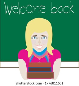 Illustration of a young blonde teacher holding books with a blackboard on the background that has the words welcome back.