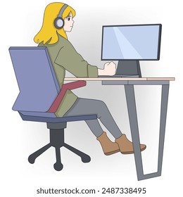 An illustration of a young blonde woman wearing headphones and seated in a modern office chair as she streams movies on her computer