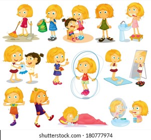 Illustration of a young blondie's daily activities on a white background