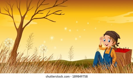 Illustration of a young boy above the hill resting