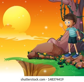 Illustration of a young boy above the rocks near the cliff