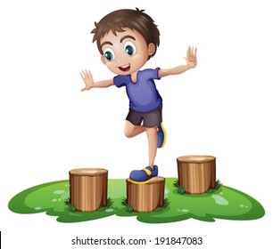 Illustration of a young boy above the stump on a white background