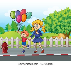 Illustration of a young boy with balloons and a girl eating an ice cream