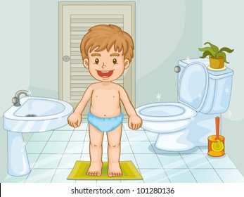 Ilustración de un niño en un baño