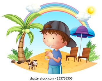 Illustration of a young boy at the beach with his pet on a white background