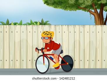 Illustration of a young boy biking