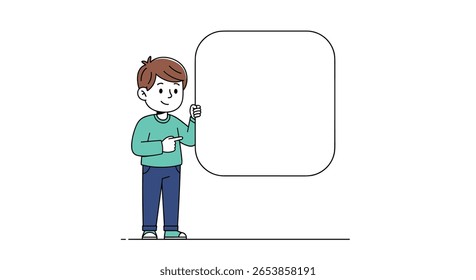 An illustration of a young boy with brown hair wearing a green sweater and blue pants standing in front of a blank speech bubble ready to share his thoughts and ideas