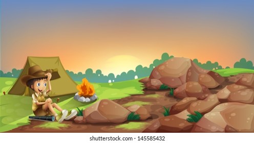 Illustration of a young boy camping near the rocks