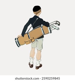 Illustration of a young boy carrying a golf bag. The boy, dressed in shorts and a cap, is walking away. Golf clubs in the bag. Vintage golf theme. Vintage art illustration, vector.