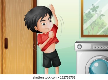 Illustration of a young boy changing his shirt