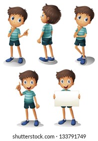 Illustration of a young boy in different positions on a white background