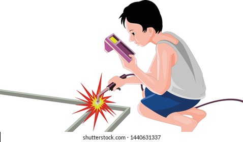 Illustration of A young boy is doing child labor in a metal workshop where is he welding a metal ladder - vector