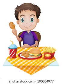 Illustration of a young boy eating in a fastfood restaurant on a white background