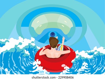 An illustration of young boy entering the aqua park tunnel with an inflatable towable tube. Boy at water park