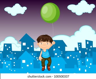 Illustration of a young boy floating with a balloon