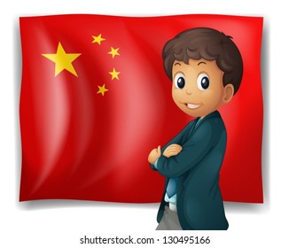 Ilustración de un niño frente a una bandera china con fondo blanco