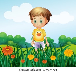 Illustration of a young boy in front of the garden at the hilltop