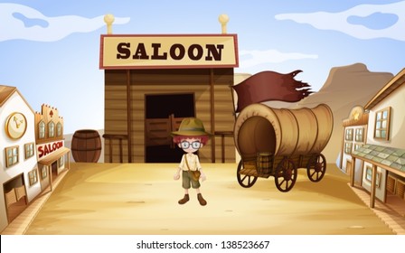 Illustration eines jungen Jungen vor einer Salonbar