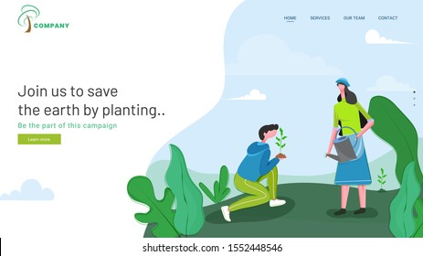 Illustration of young boy and girl gardening on nature field for join to save the earth by planting. Landing page design.