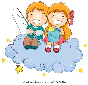 Illustration of a Young Boy and Girl Sitting on a Cloud While Fishing for Stars - Vector