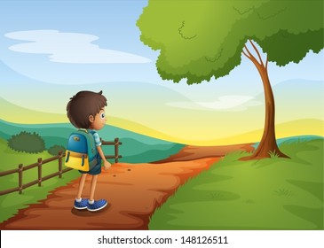 Illustration of a young boy going to the school