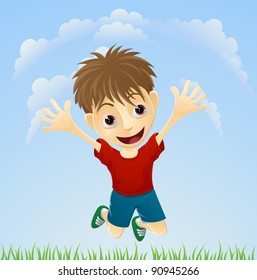 Illustration of a young boy happily jumping the air with arms outstretched.