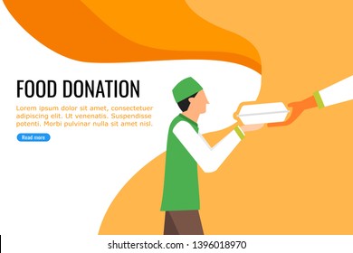 Illustration of a young boy happily receive a food donation from charity by organization.